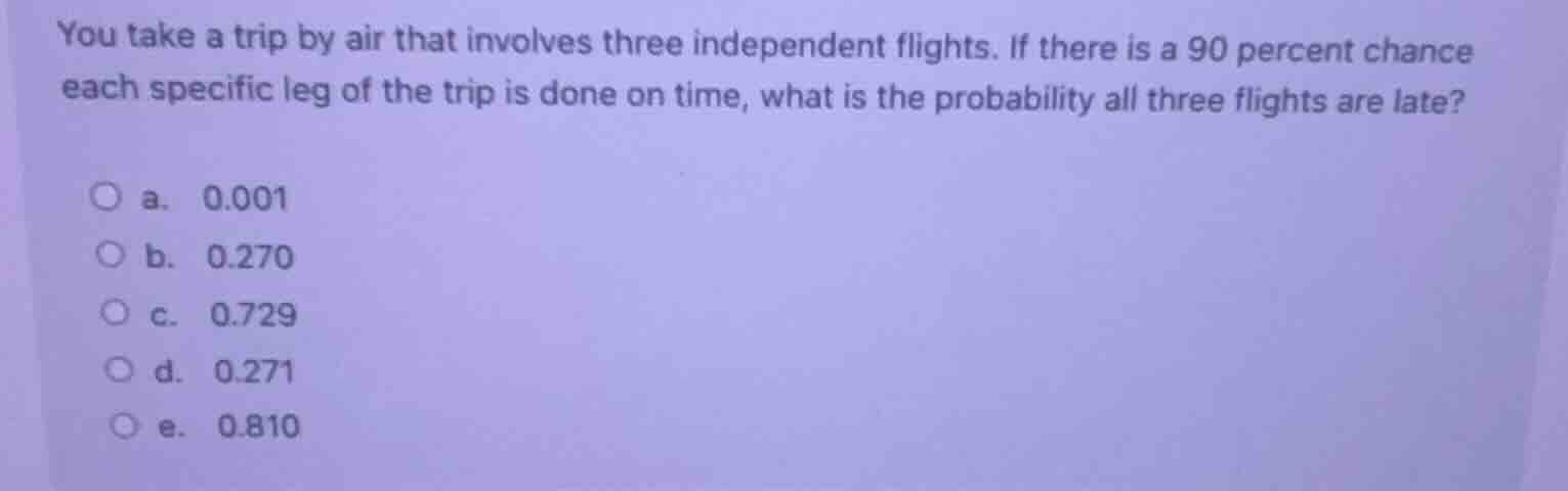 you take a trip by air that involves three independent flights. if ther…