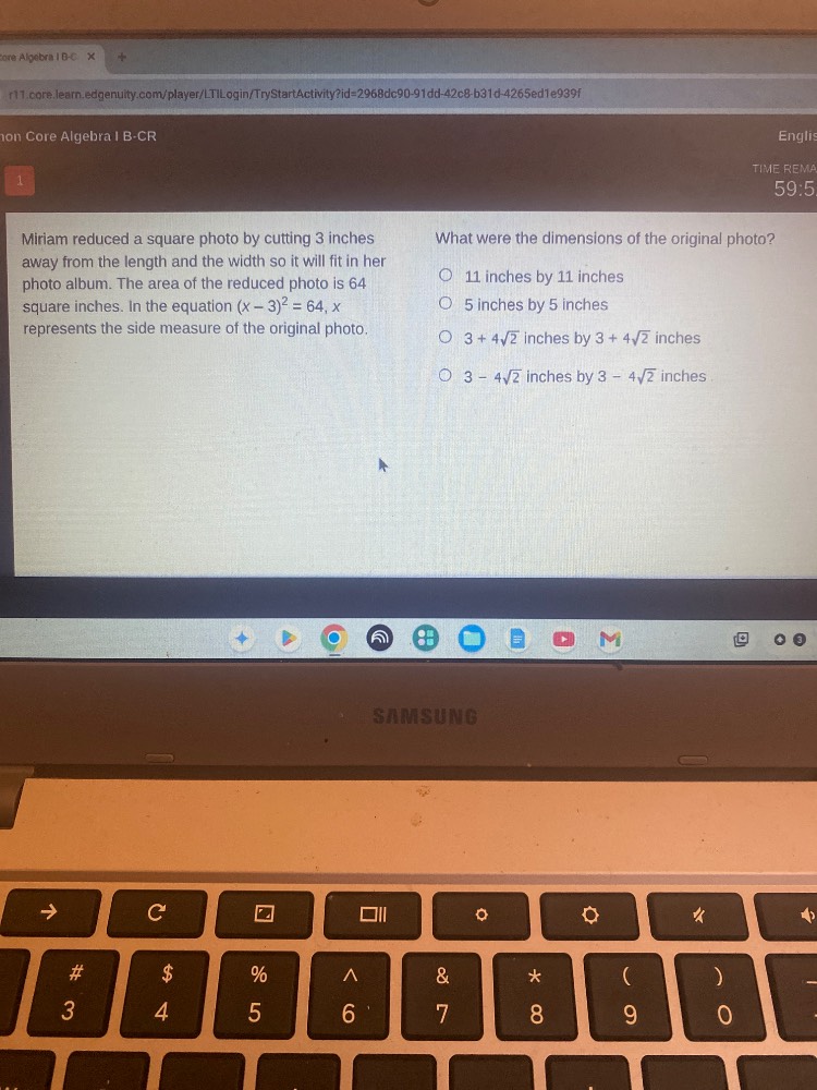 mitam reduced a square photo by cutting 3 inches away from the length a…