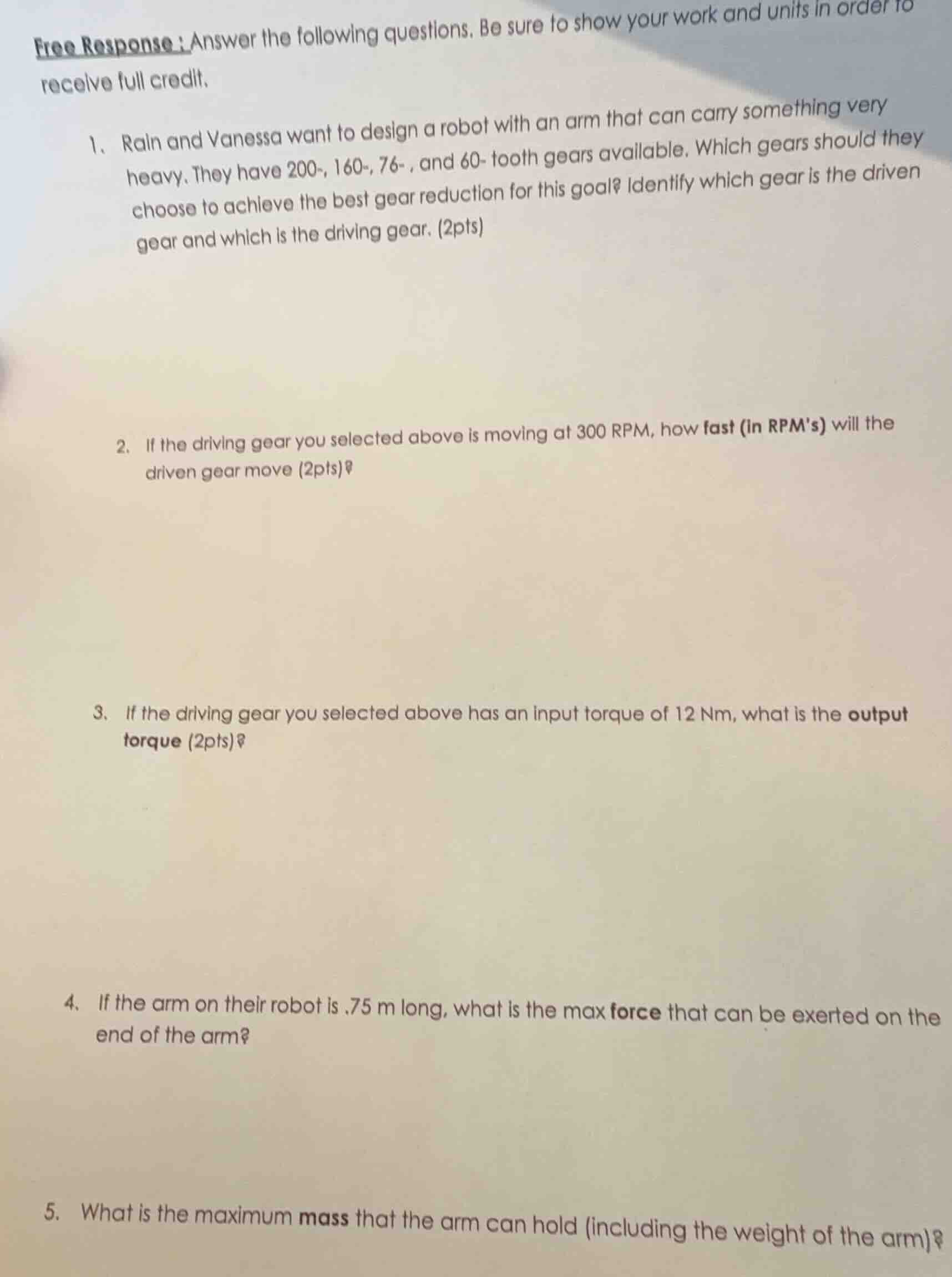 free response : answer the following questions. be sure to show your wo…