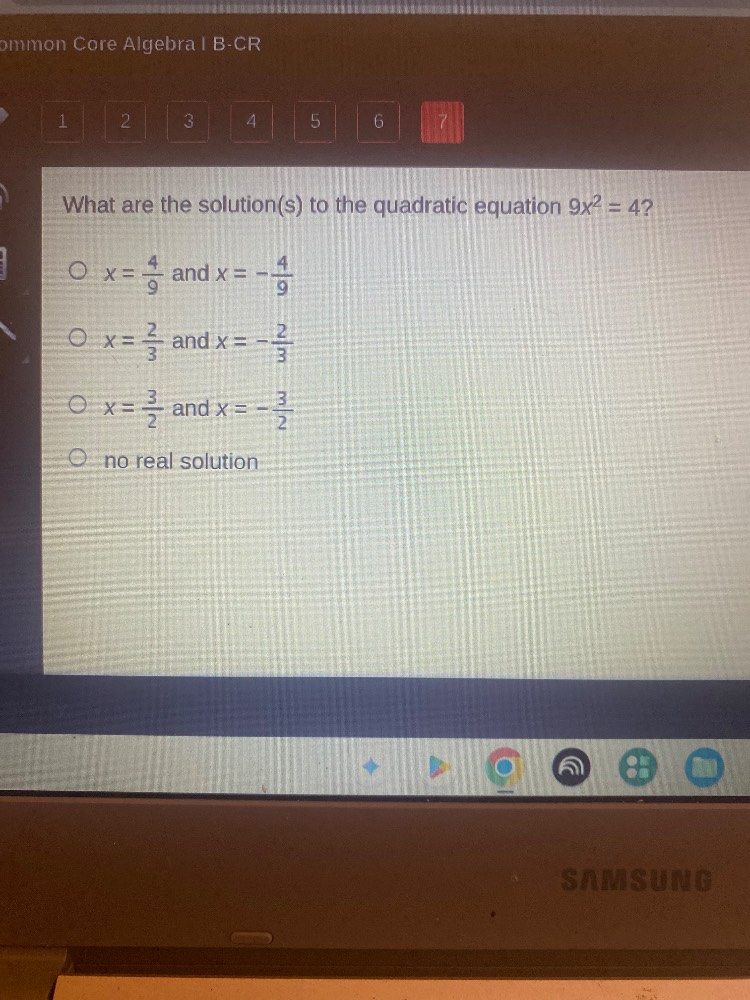 what are the solution(s) to the quadratic equation $9x^2 = 4$? $\\bigci…