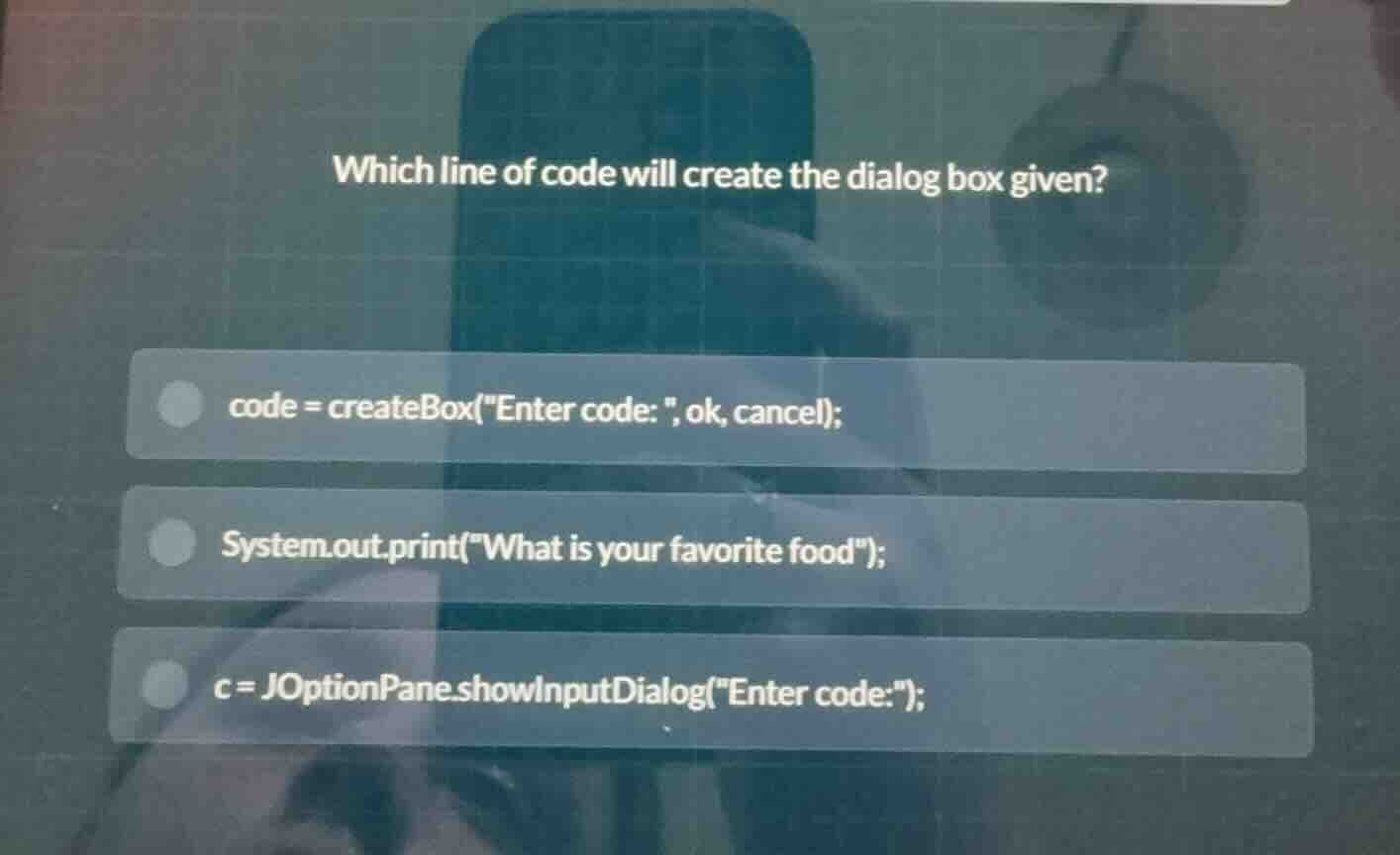 which line of code will create the dialog box given? code = createbox(\…