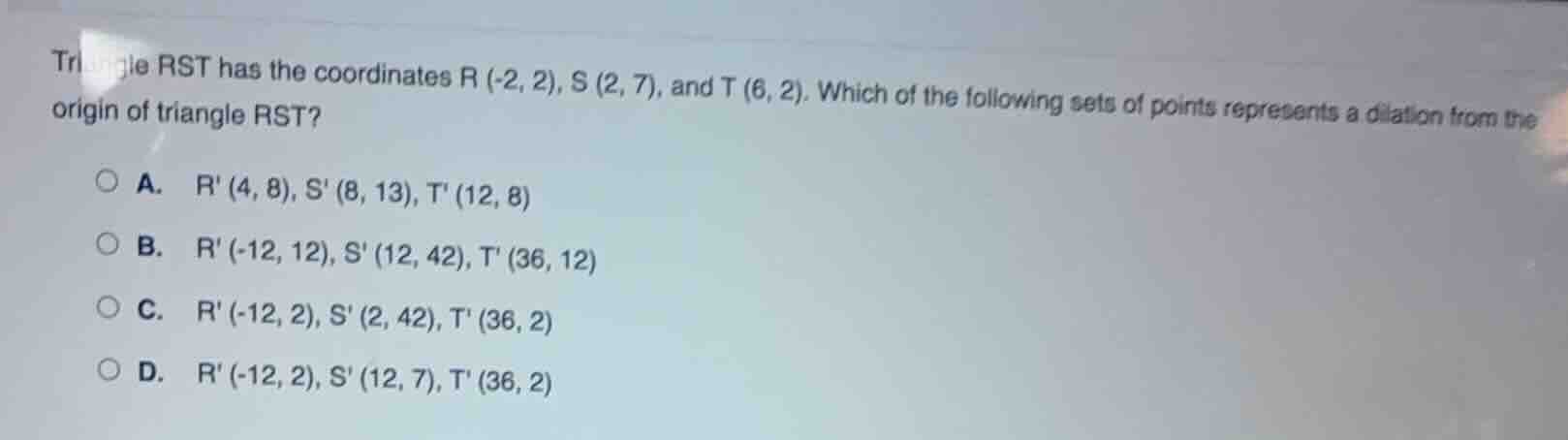 triangle rst has the coordinates r (-2, 2), s (2, 7), and t (6, 2). whi…