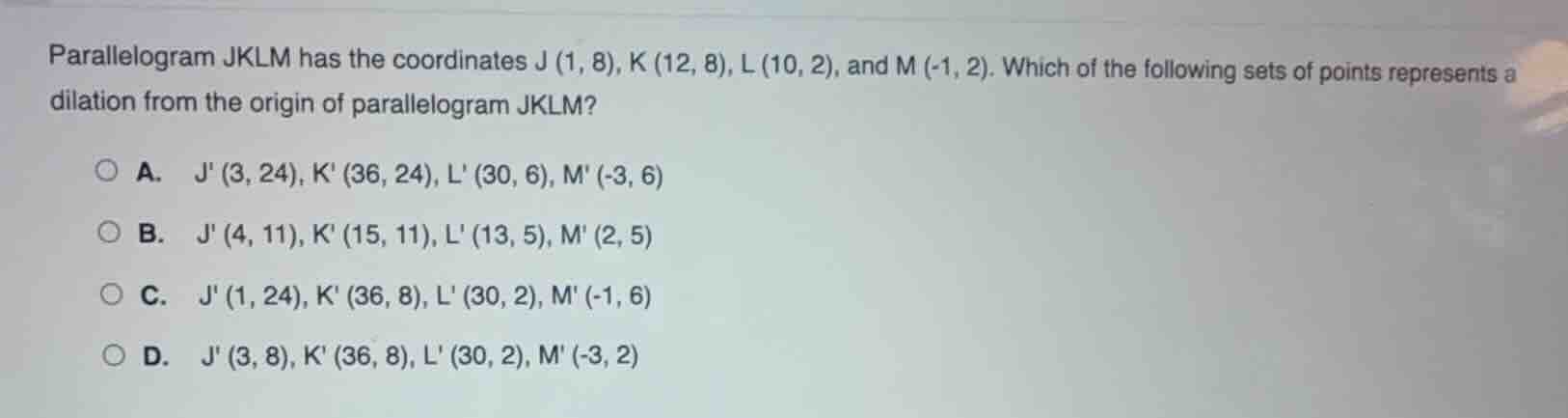 parallelogram jklm has the coordinates j (1, 8), k (12, 8), l (10, 2), …