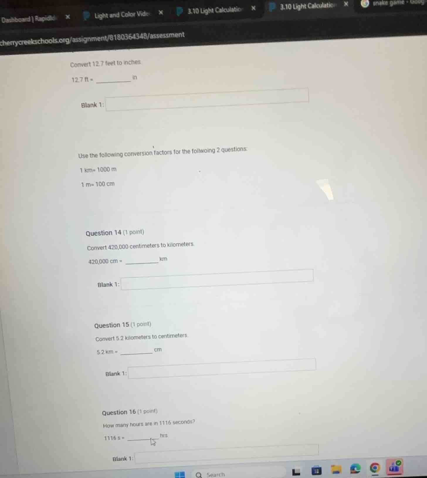 convert 12.7 feet to inches 12.7 ft = ______ in blank 1: use the follow…
