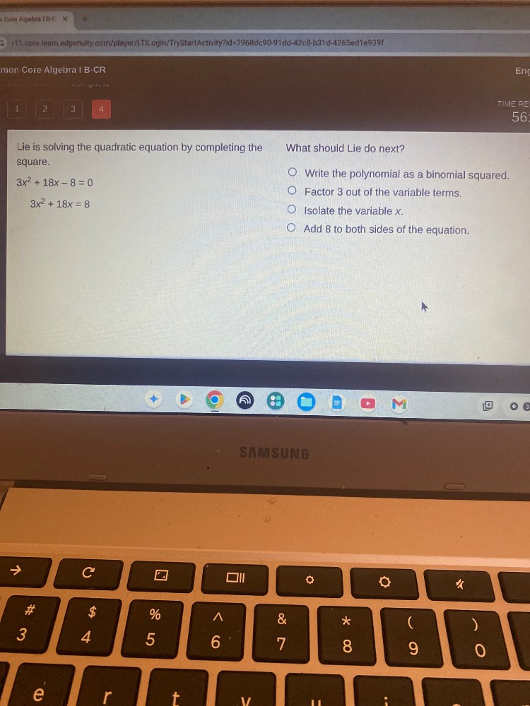 lie is solving the quadratic equation by completing the square. $3x^2 +…