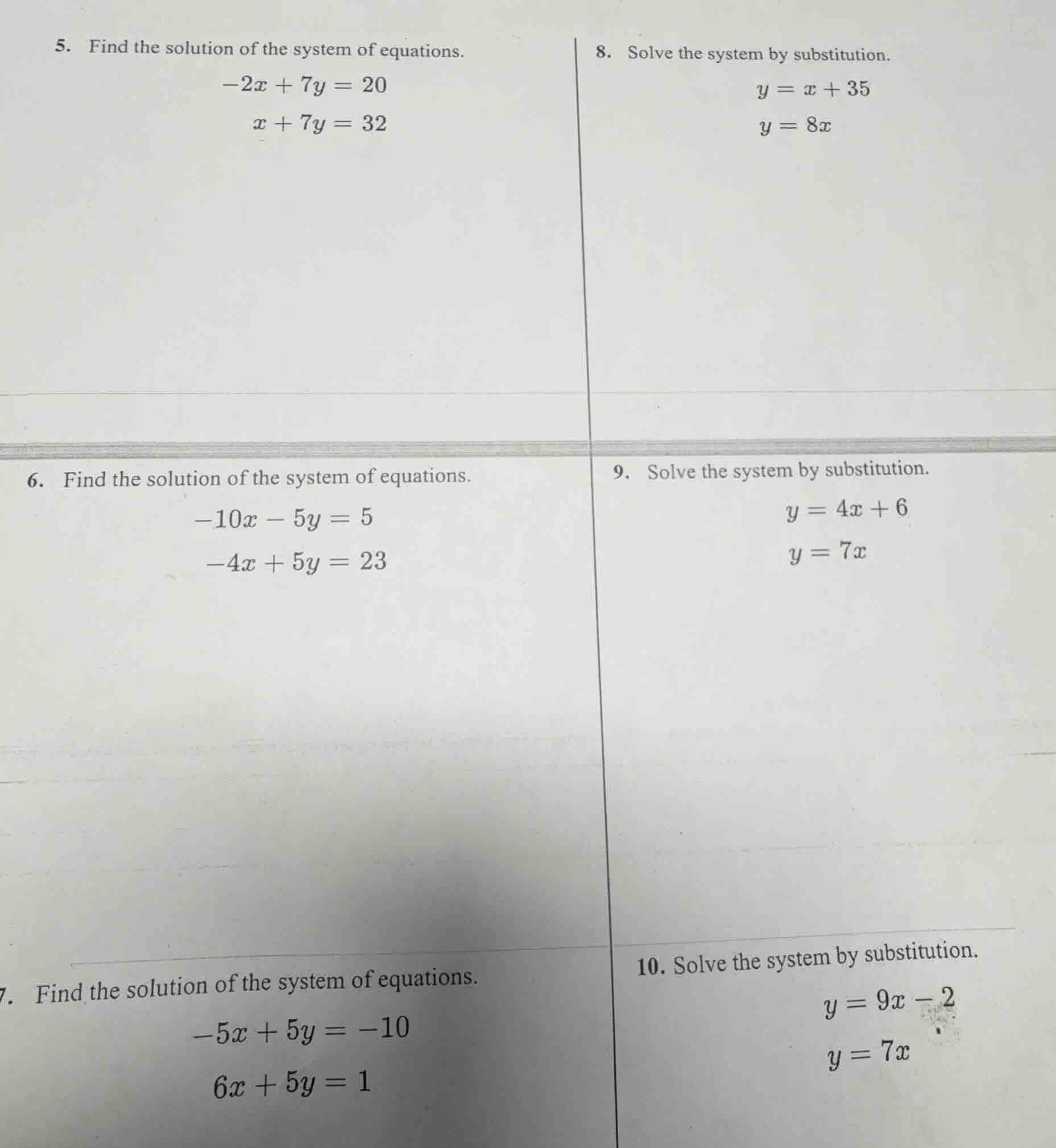 5. find the solution of the system of equations. -2x + 7y = 20 x + 7y =…