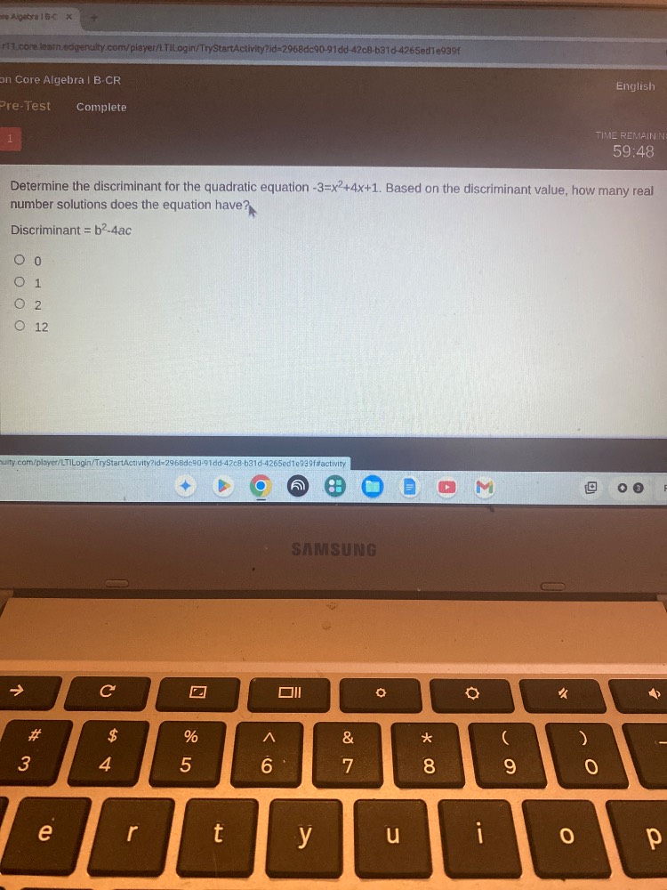 determine the discriminant for the quadratic equation -3 = x² + 4x + 1.…