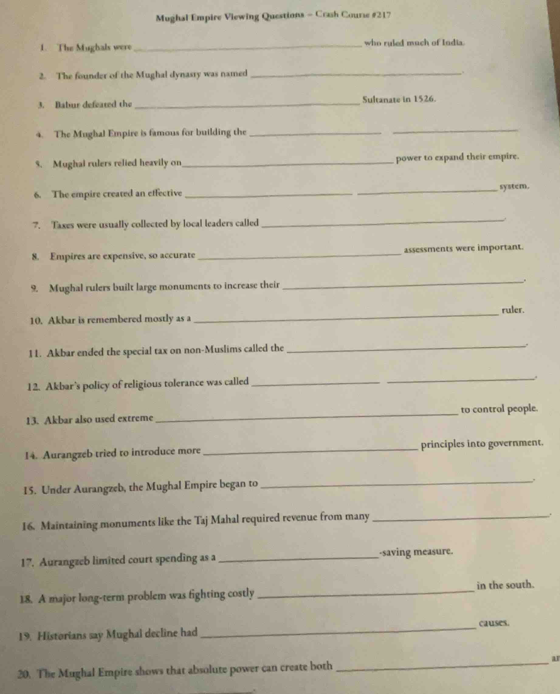 mughal empire viewing questions - crash course #217 1. the mughals were…