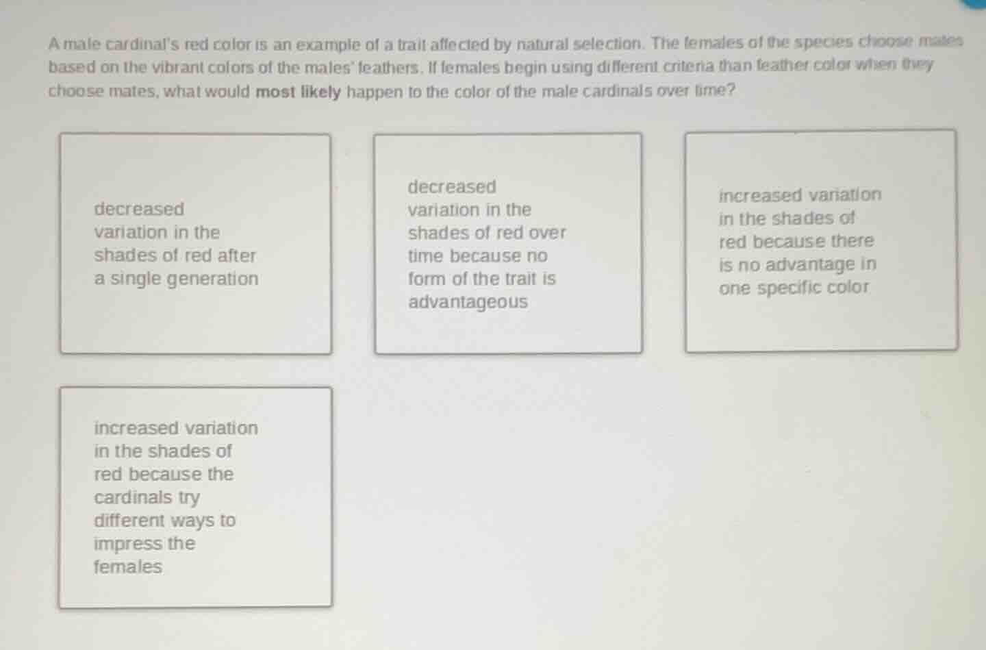 a male cardinals red color is an example of a trait affected by natural…