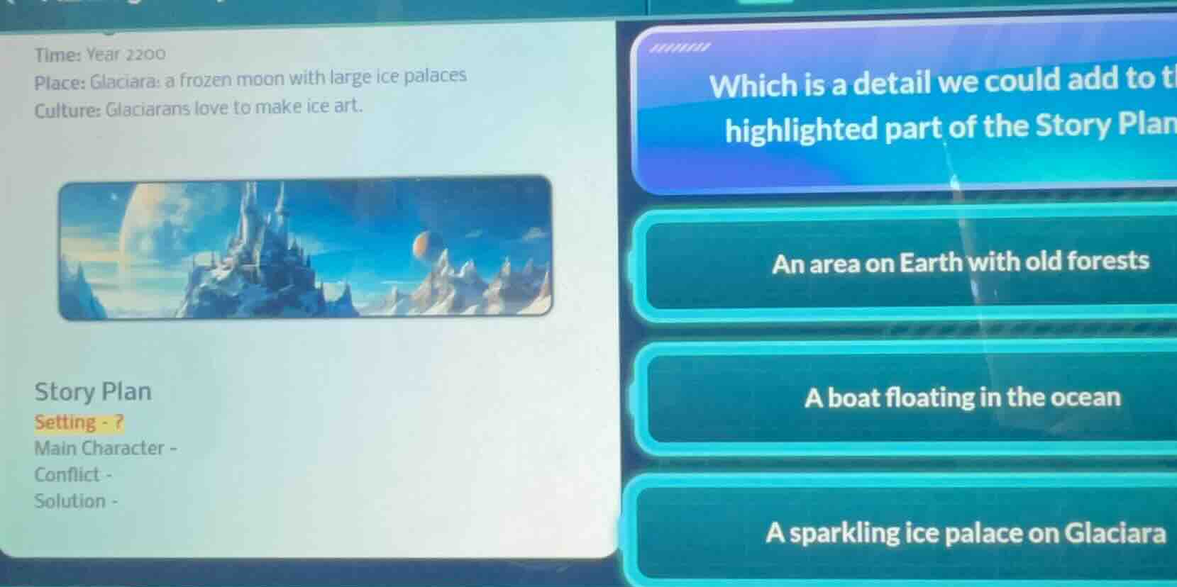 time: year 2200 place: glaciara: a frozen moon with large ice palaces c…