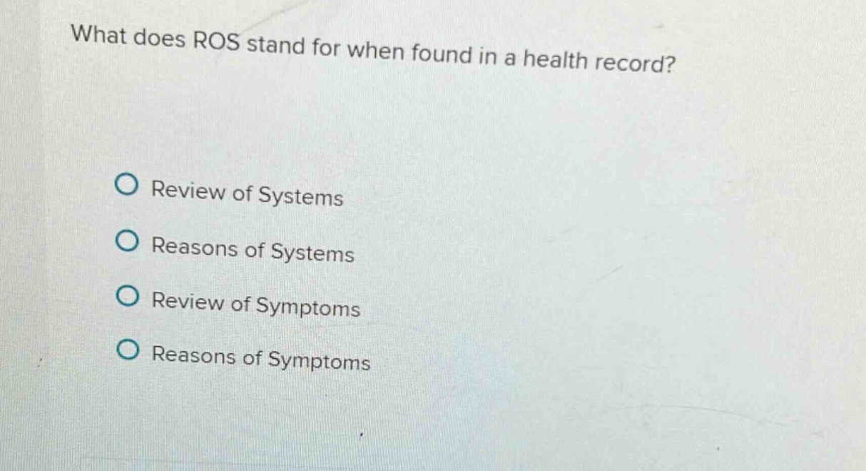 what does ros stand for when found in a health record? review of system…