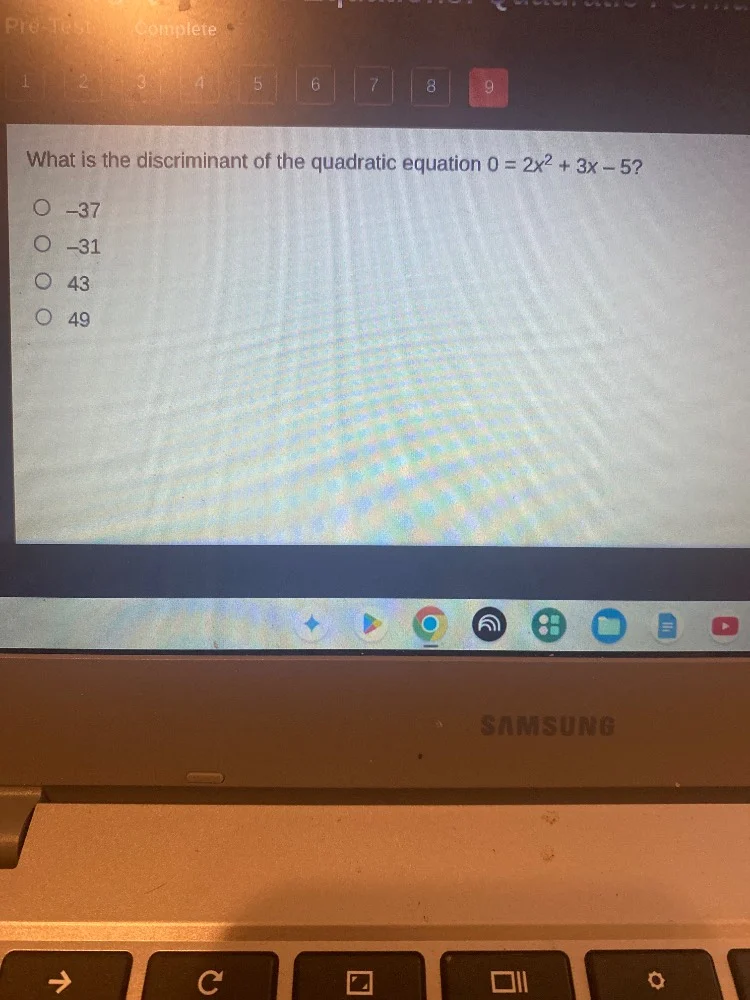 what is the discriminant of the quadratic equation 0 = 2x² + 3x − 5? ○ …