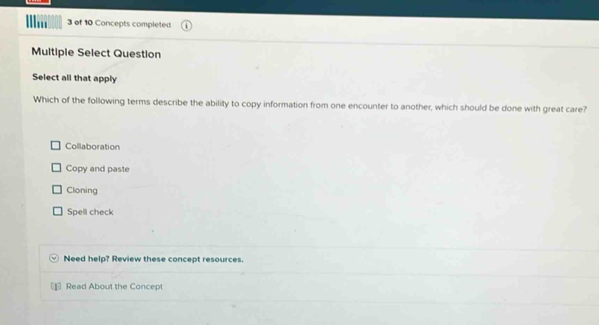 3 of 10 concepts completed multiple select question select all that app…