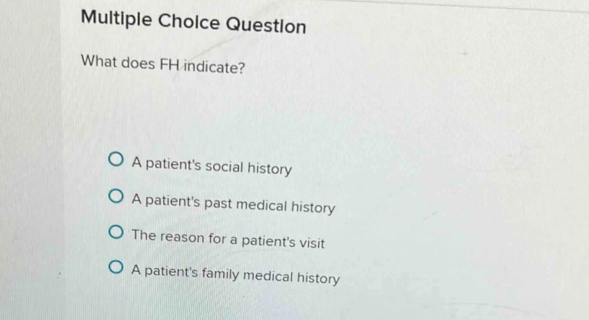 multiple choice question what does fh indicate? a patients social histo…