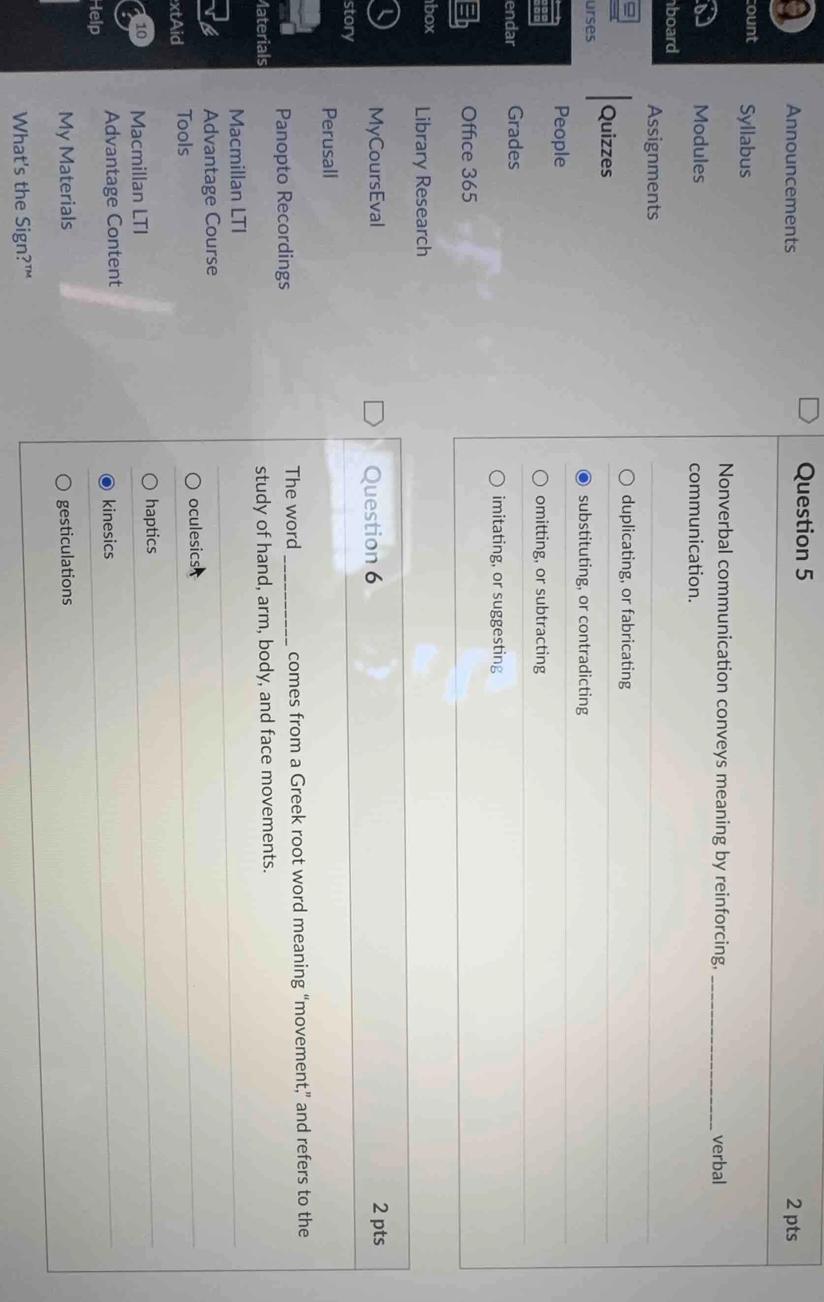question 5 2 pts nonverbal communication conveys meaning by reinforcing…