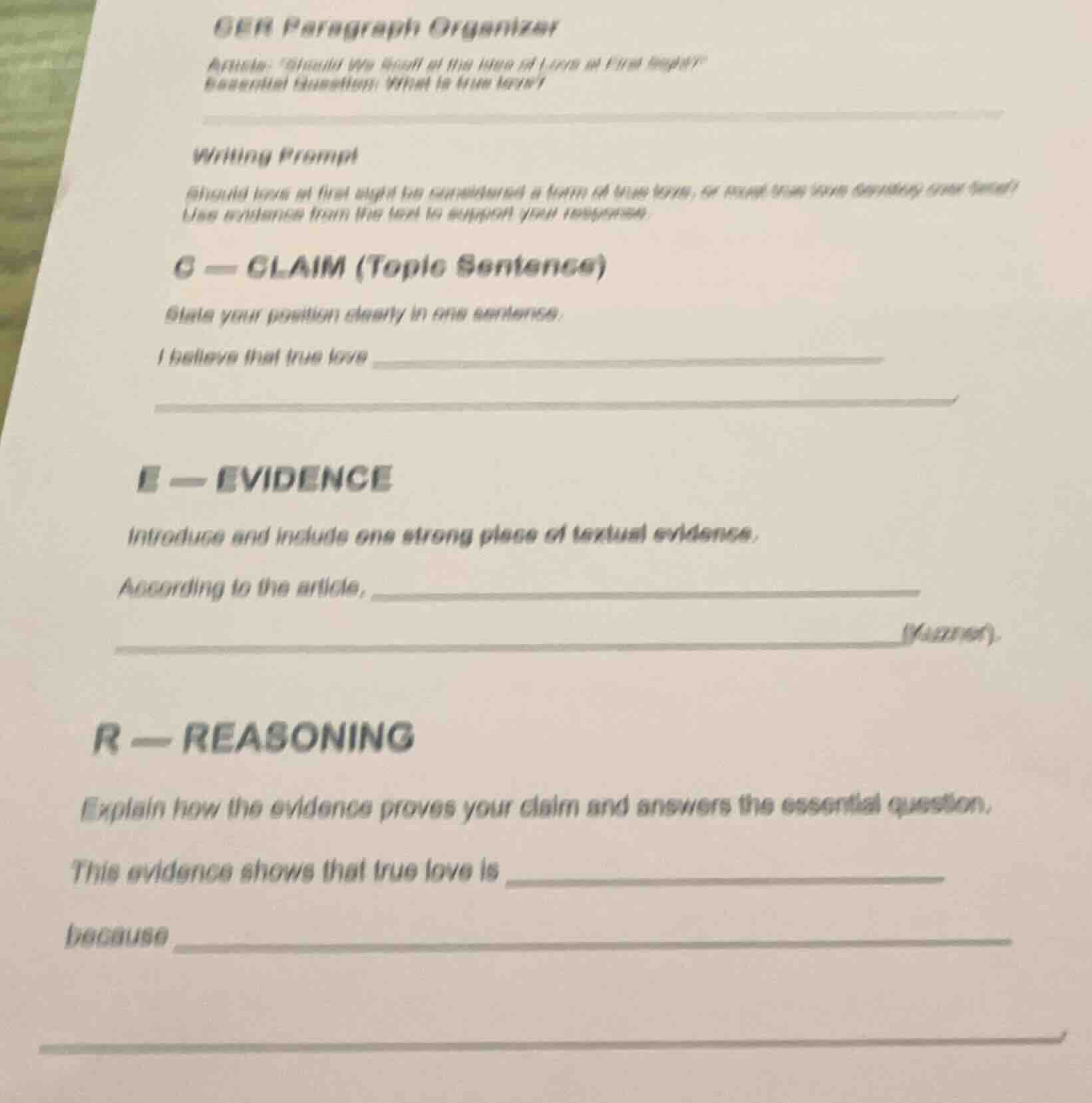 cer paragraph organizer article: \should love at first sight be conside…