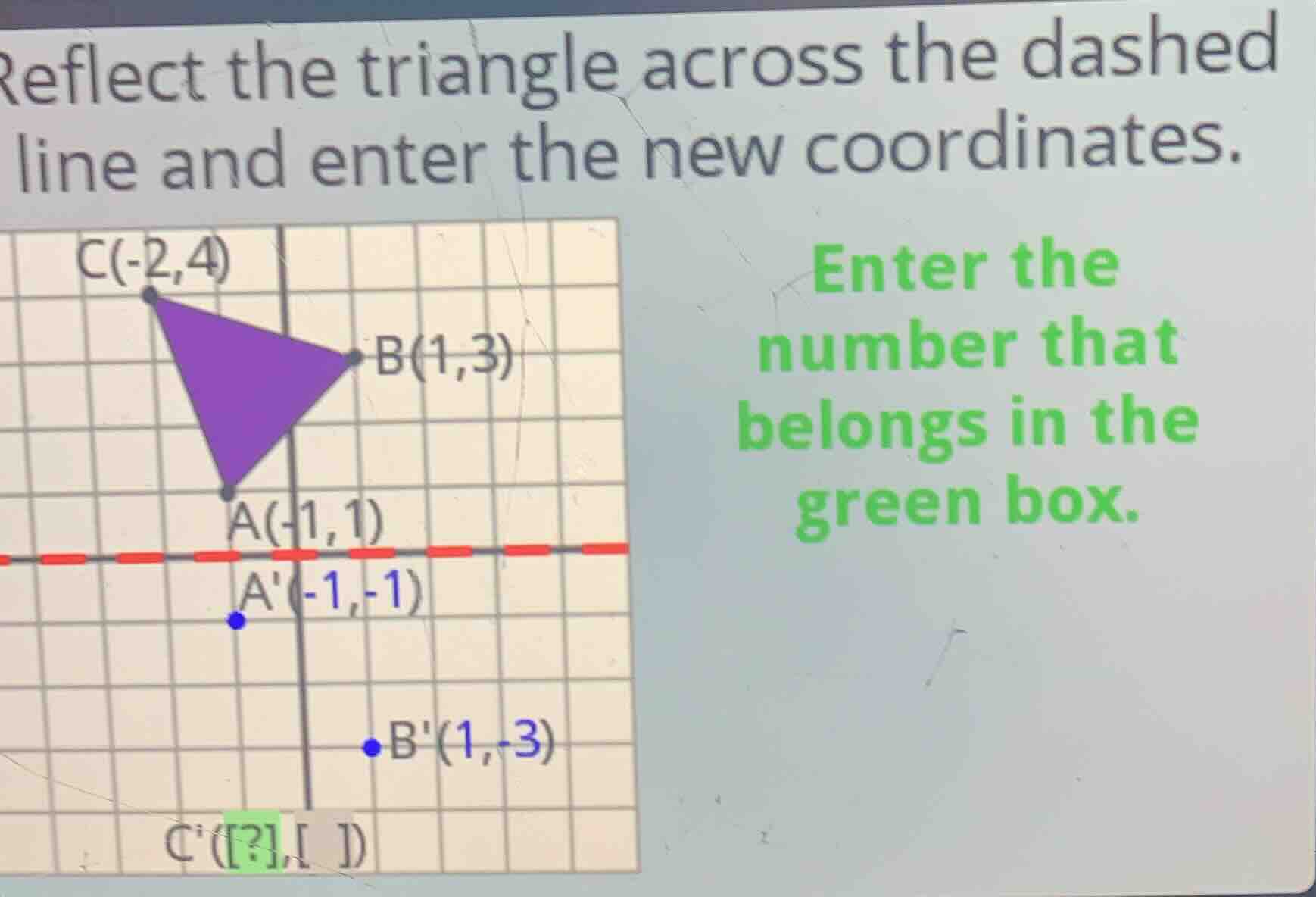 reflect the triangle across the dashed line and enter the new coordinat…