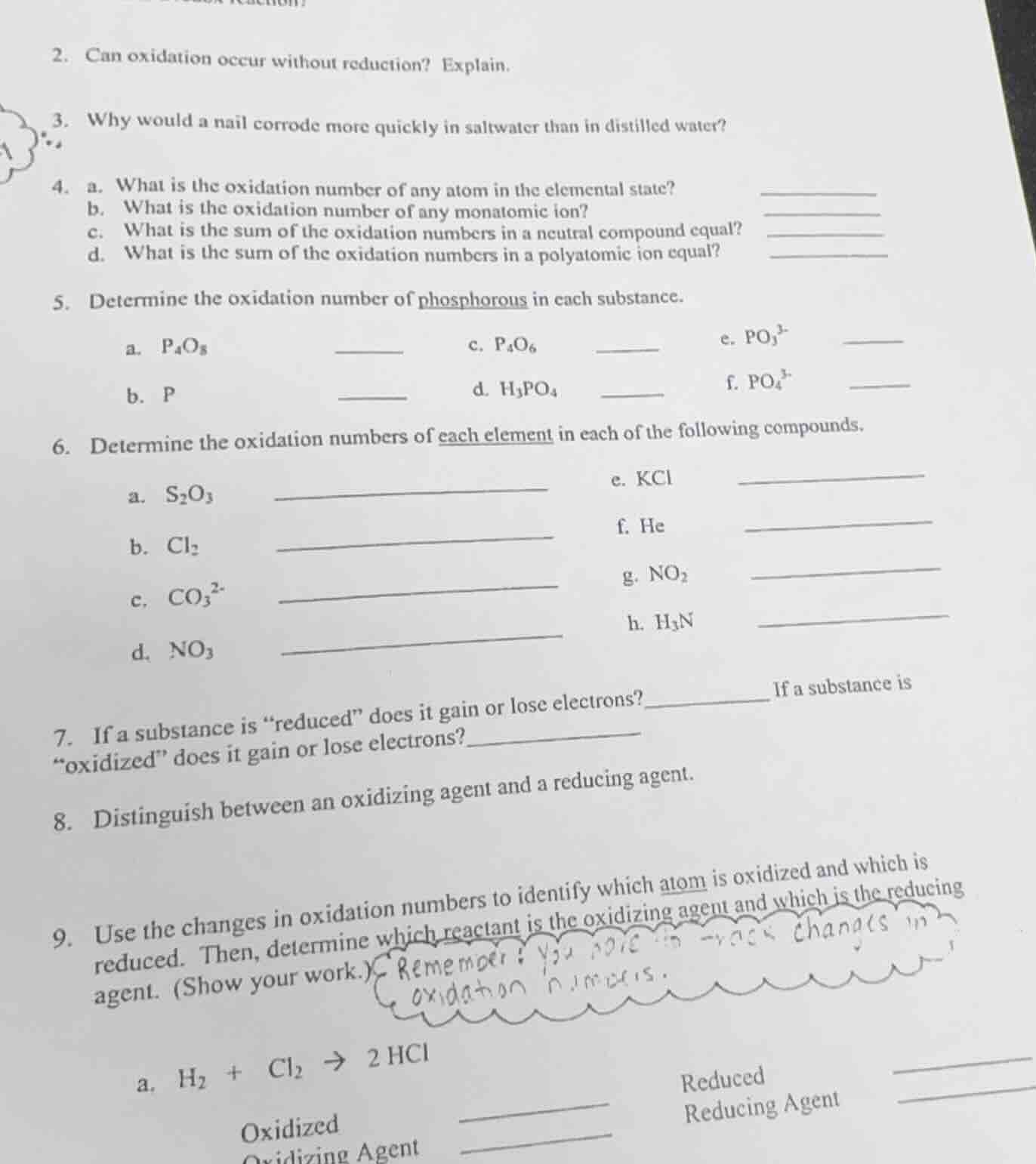 2. can oxidation occur without reduction? explain. 3. why would a nail …