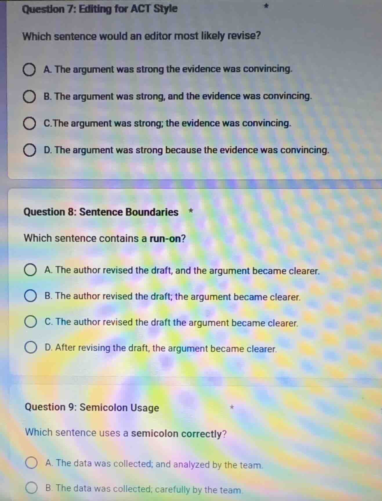 question 7: editing for act style which sentence would an editor most l…