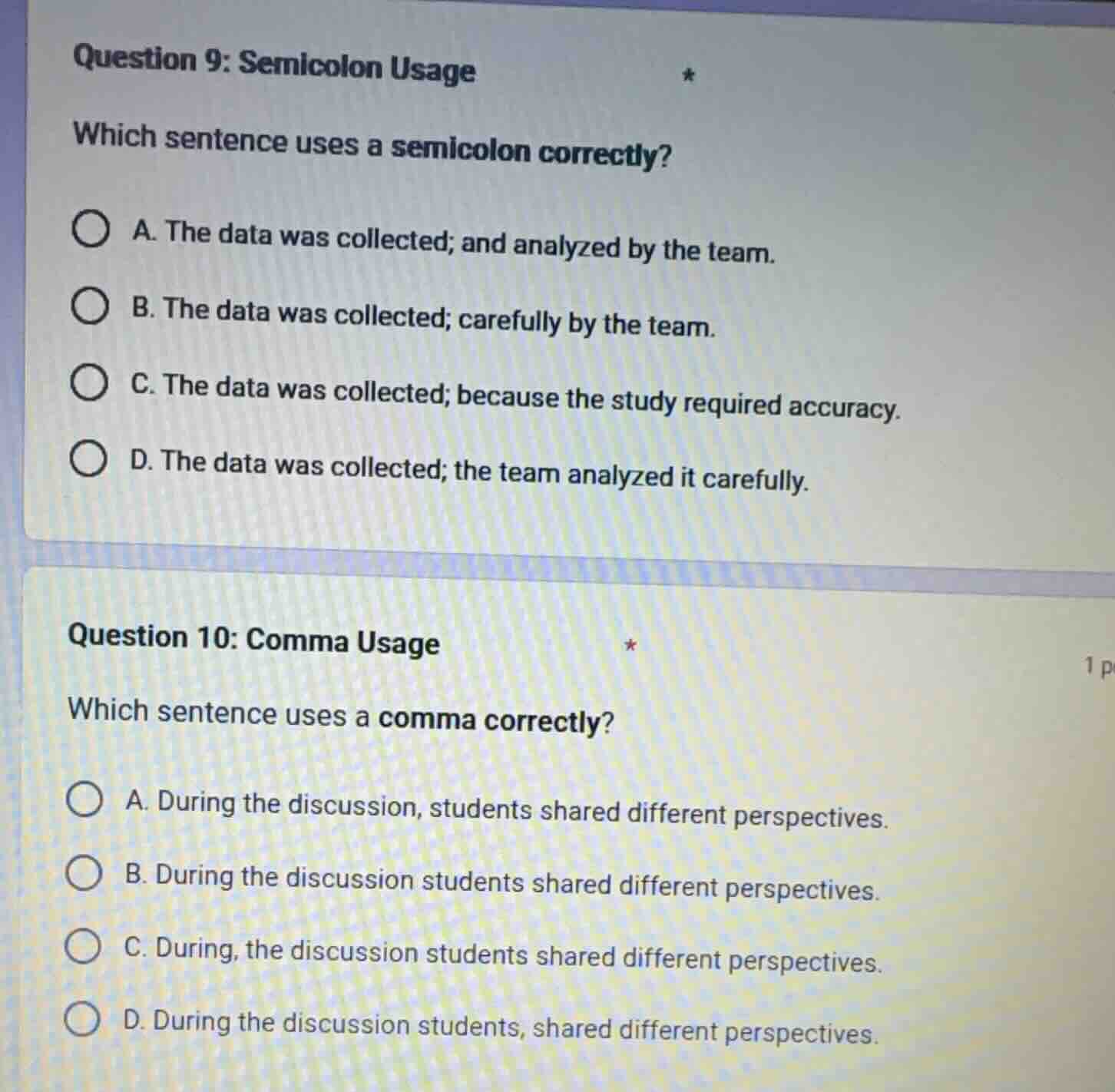 question 9: semicolon usage which sentence uses a semicolon correctly? …