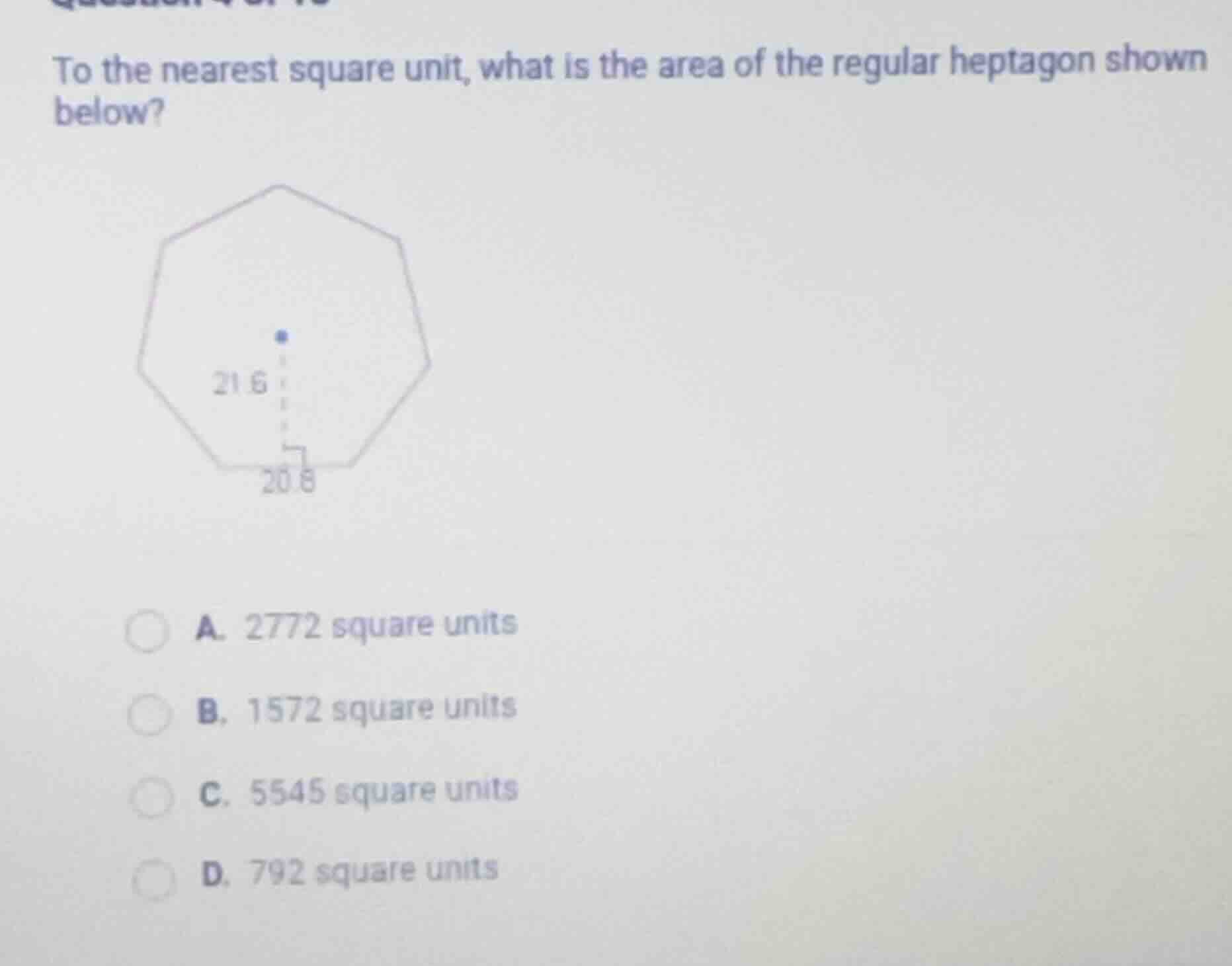 to the nearest square unit, what is the area of the regular heptagon sh…