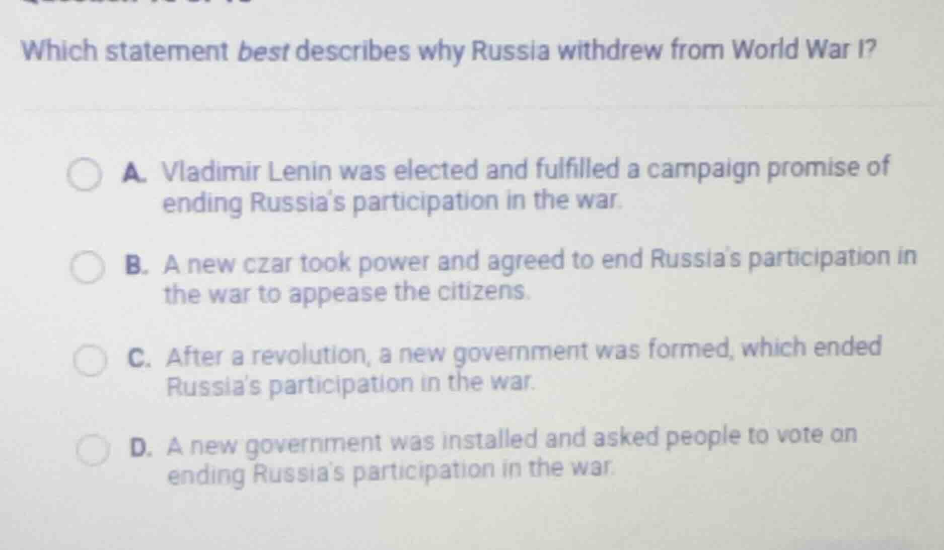 which statement best describes why russia withdrew from world war i? a.…