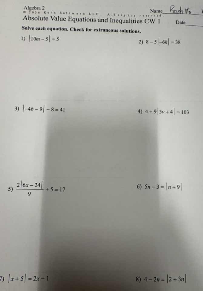 algebra 2 © 2026 kuta software llc. all rights reserved. absolute value…