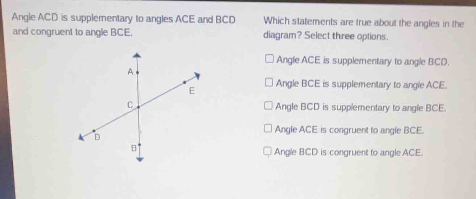 angle acd is supplementary to angles ace and bcd and congruent to angle…