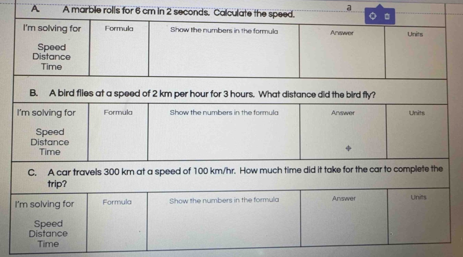 a. a marble rolls for 6 cm in 2 seconds. calculate the speed. i’m solvi…