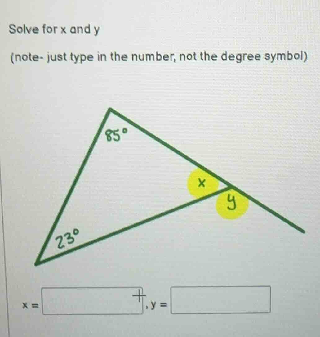 solve for x and y (note- just type in the number, not the degree symbol…
