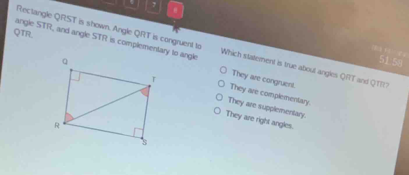 rectangle qrst is shown. angle qrt is congruent to angle str, and angle…
