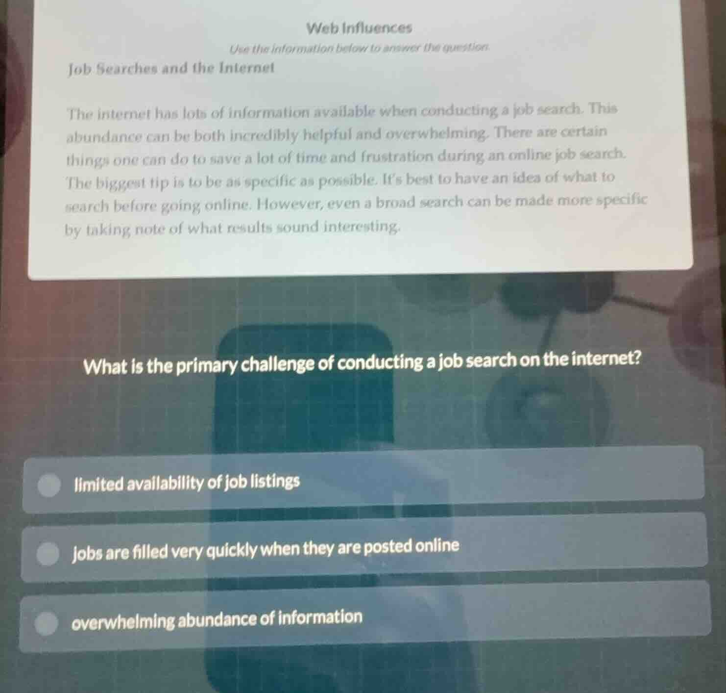 web influences use the information below to answer the question. job se…