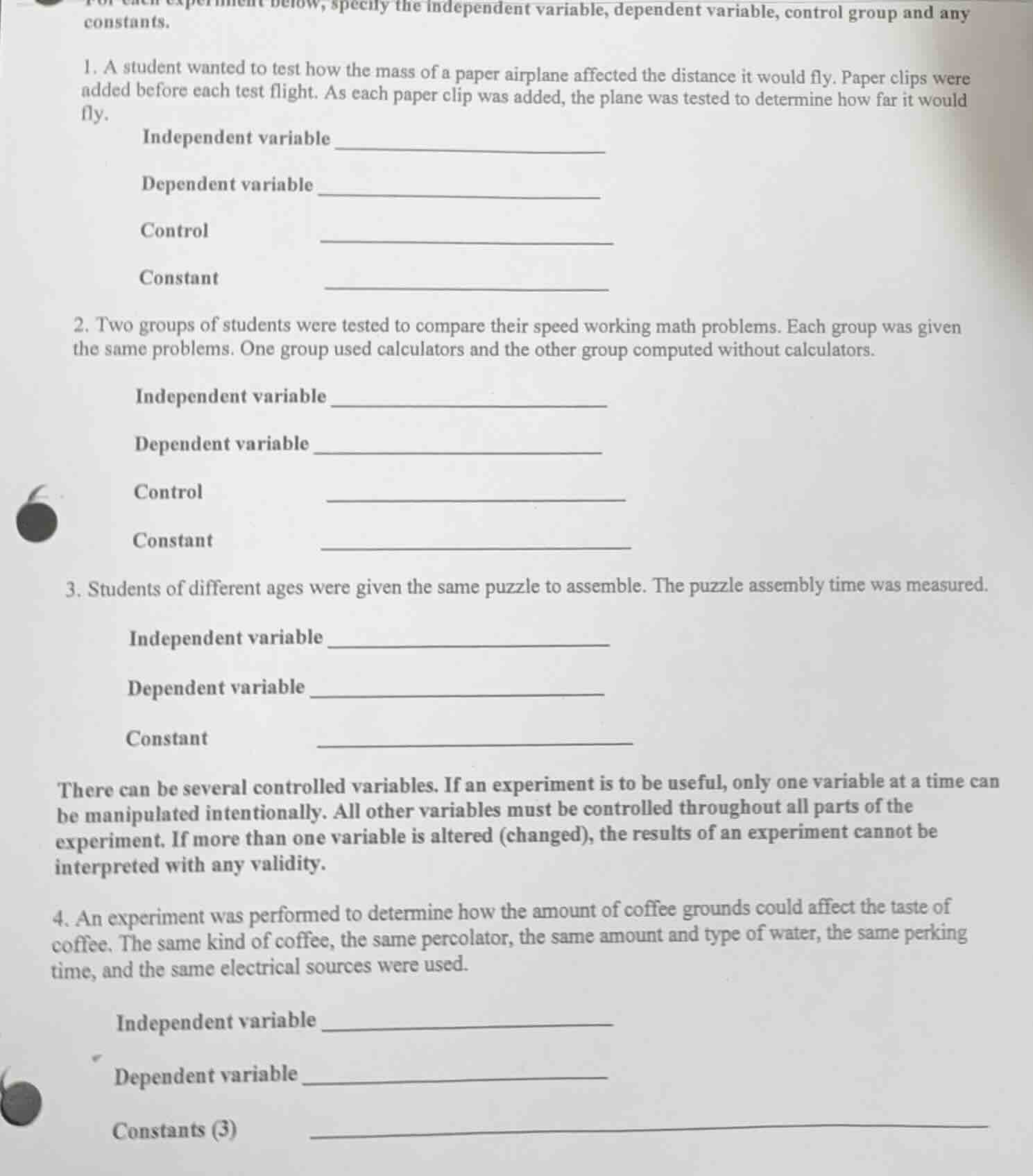 for each experiment below, specify the independent variable, dependent …