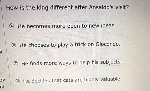 how is the king different after ansaldo’s visit? a he becomes more open…