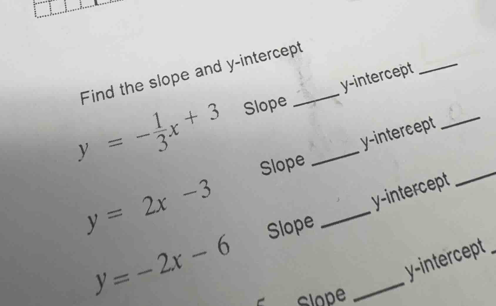 find the slope and y - intercept y = -\\frac{1}{3}x + 3 \\quad slope \\…