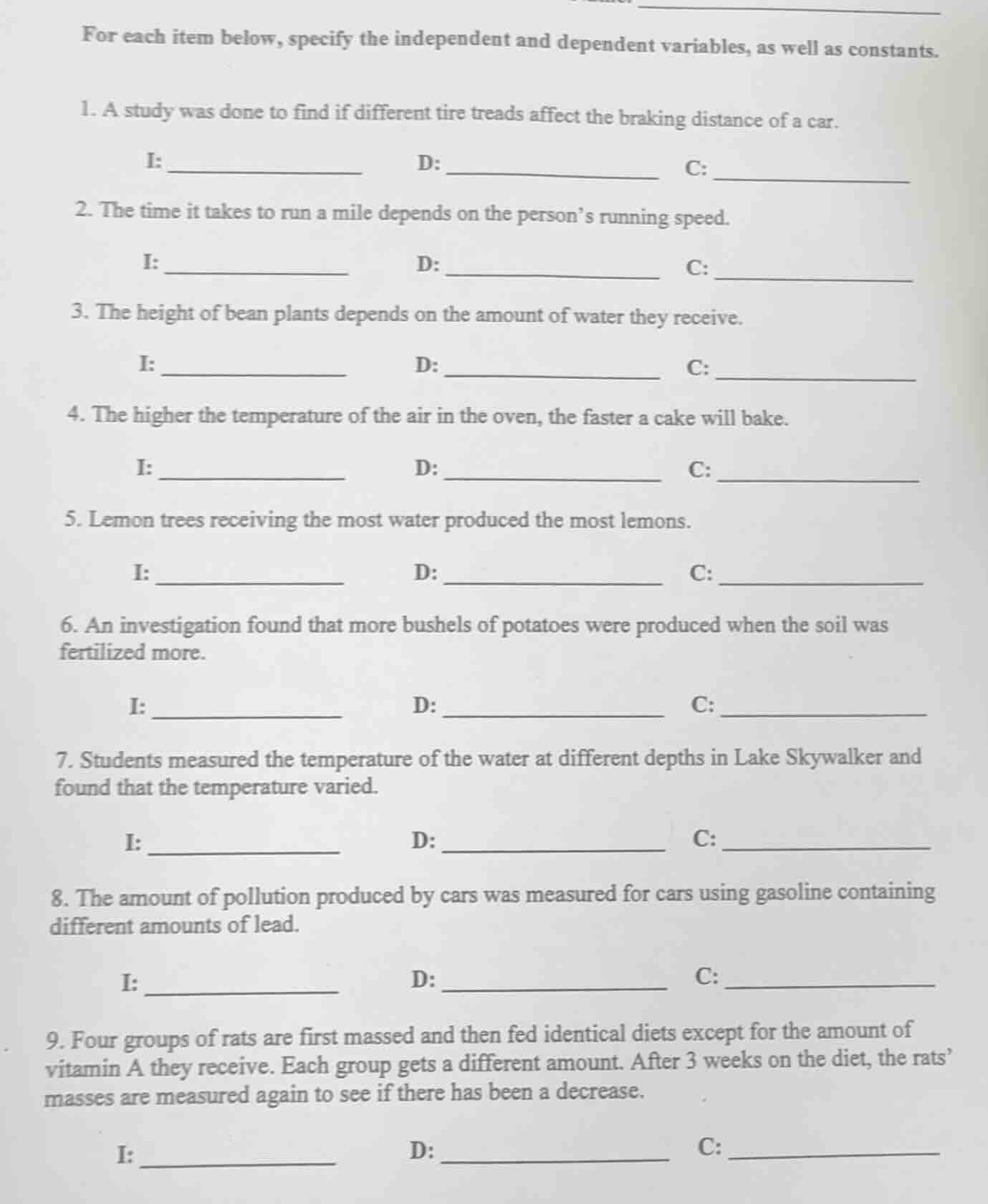 for each item below, specify the independent and dependent variables, a…