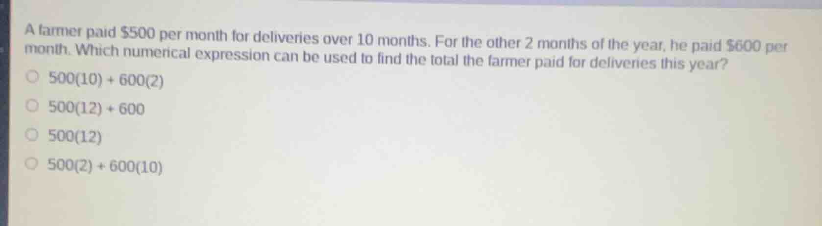 a farmer paid $500 per month for deliveries over 10 months. for the oth…