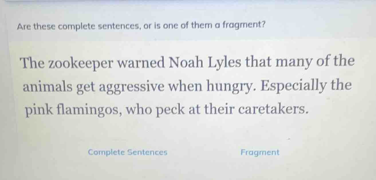 are these complete sentences, or is one of them a fragment? the zookeep…