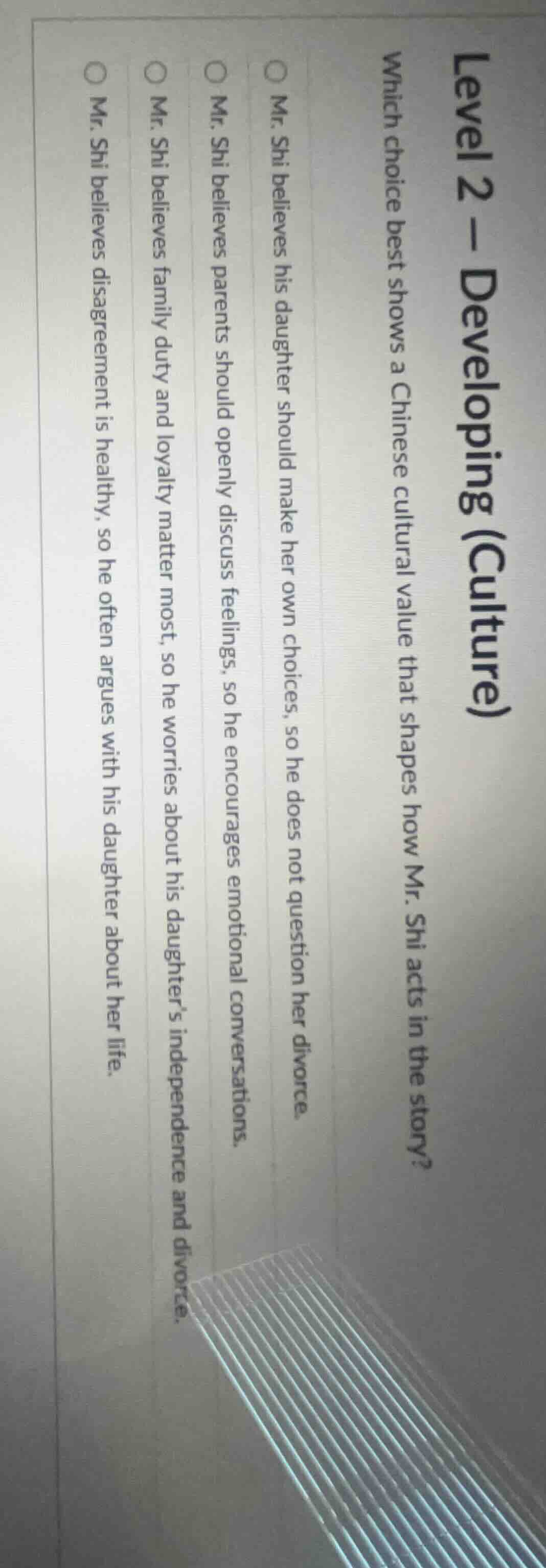 level 2 – developing (culture) which choice best shows a chinese cultur…