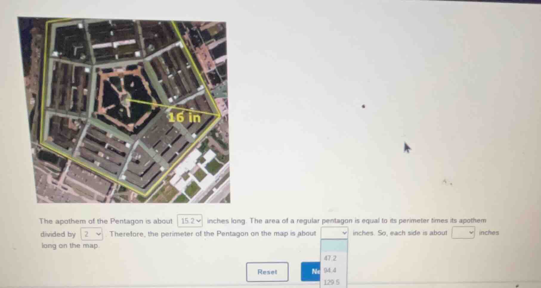 the apothem of the pentagon is about 15.2 inches long. the area of a re…