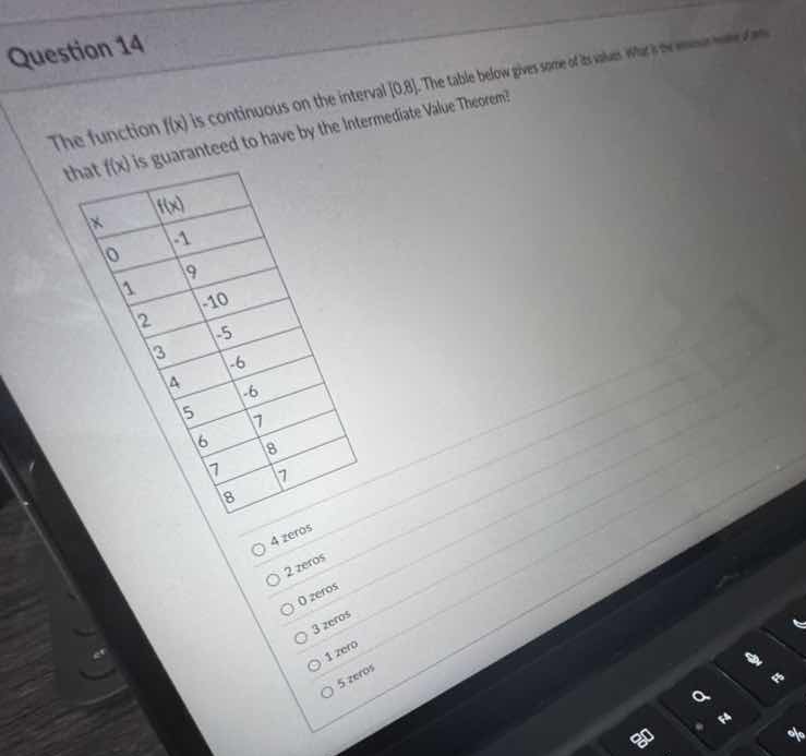 question 14 the function f(x) is continuous on the interval 0,8. the ta…