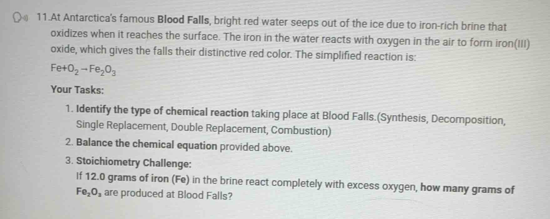 11. at antarcticas famous blood falls, bright red water seeps out of th…