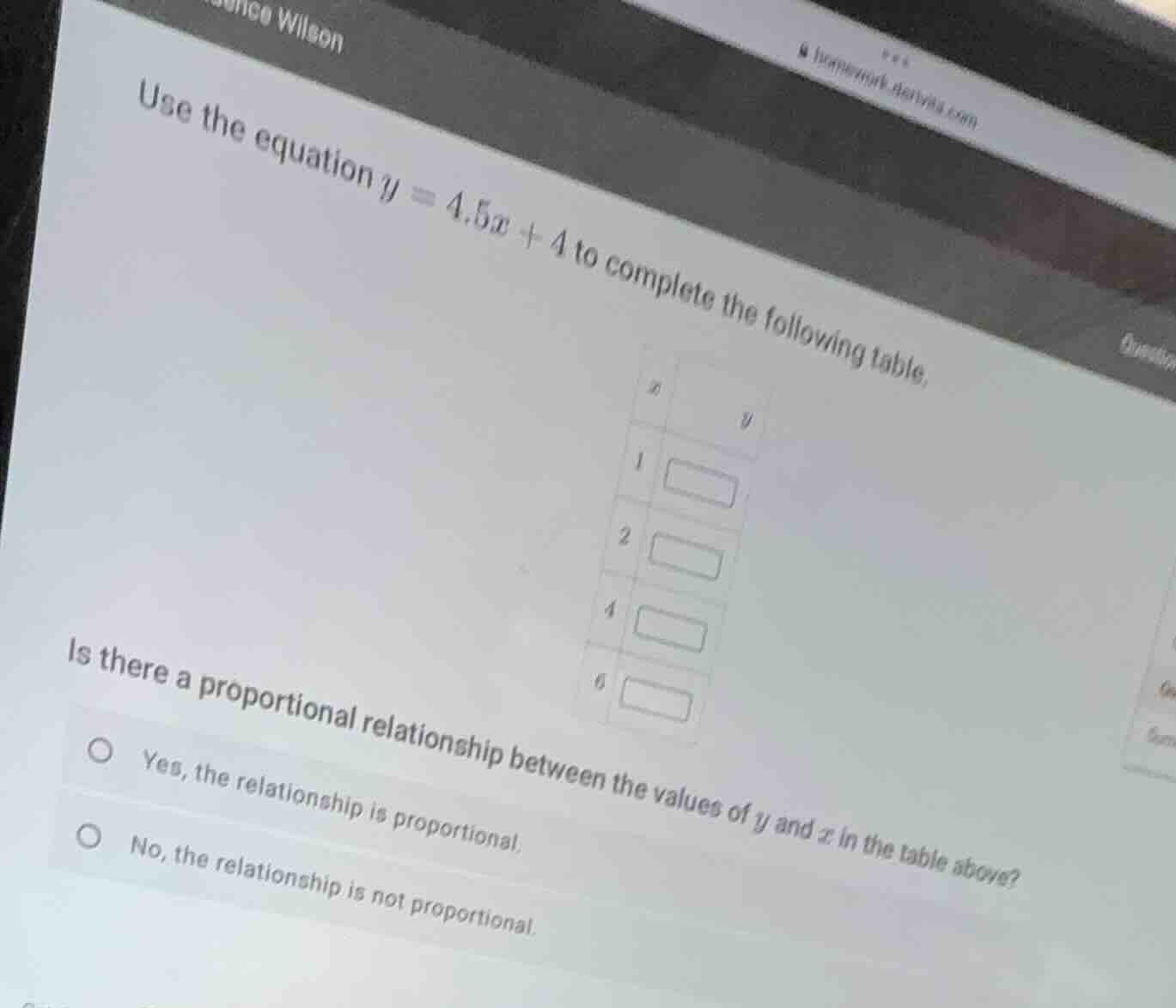 use the equation $y = 4.5x + 4$ to complete the following table. | $x$ …