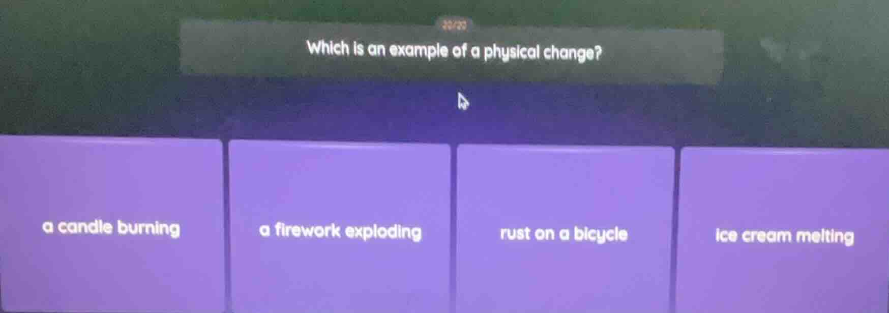 which is an example of a physical change? a candle burning a firework e…