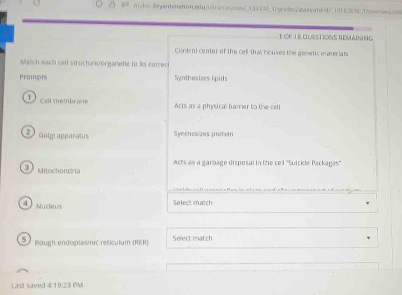 1 of 18 questions remaining match each cell structure/organelle to its …