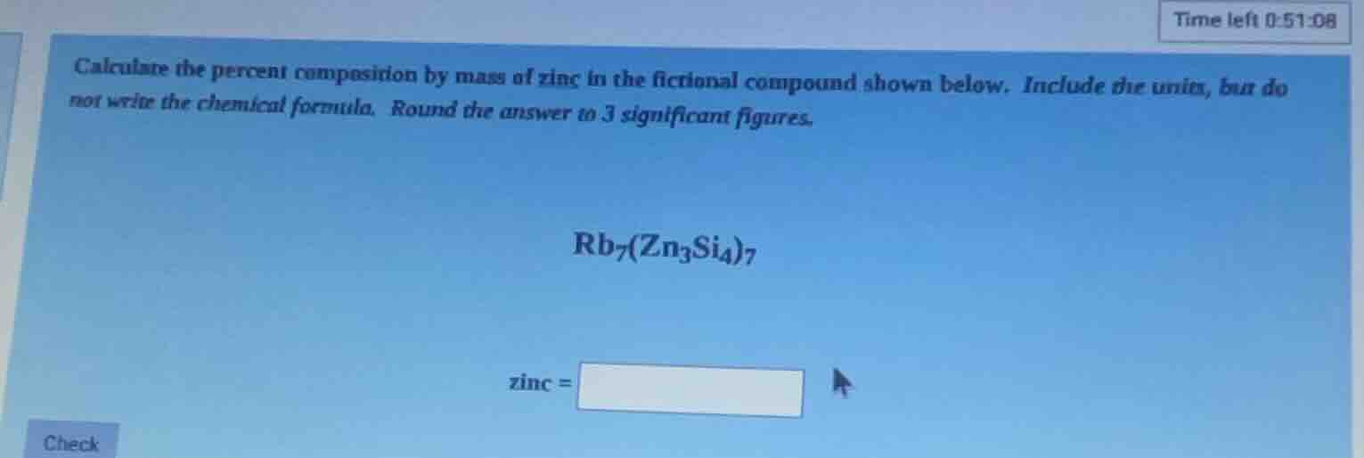 calculate the percent composition by mass of zinc in the fictional comp…