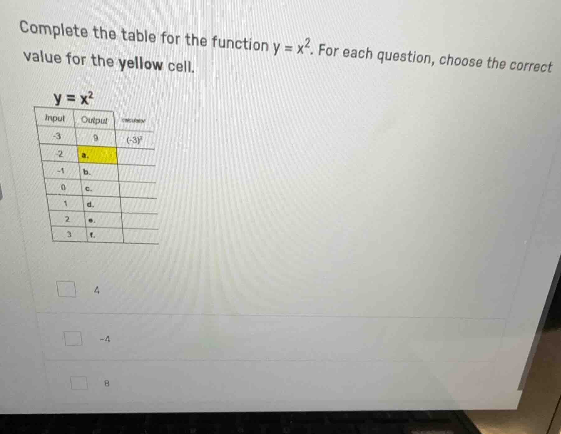 complete the table for the function ( y = x^2 ). for each question, cho…