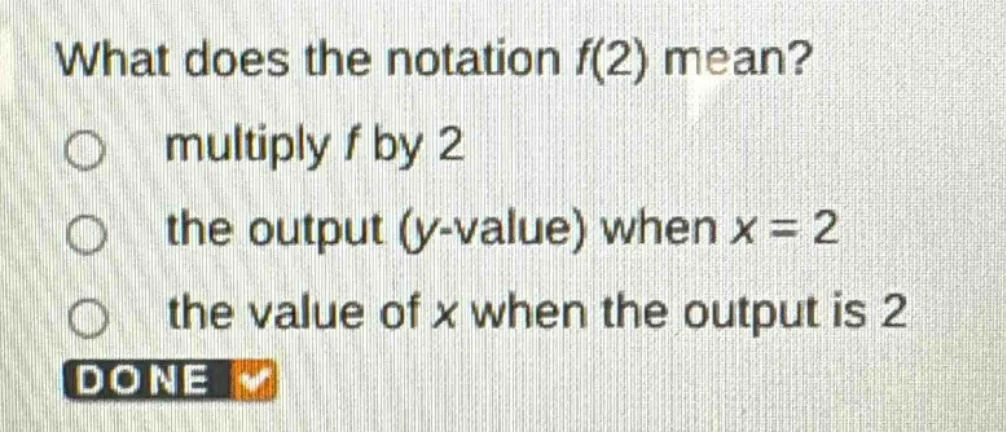 what does the notation f(2) mean? multiply f by 2 the output (y - value…