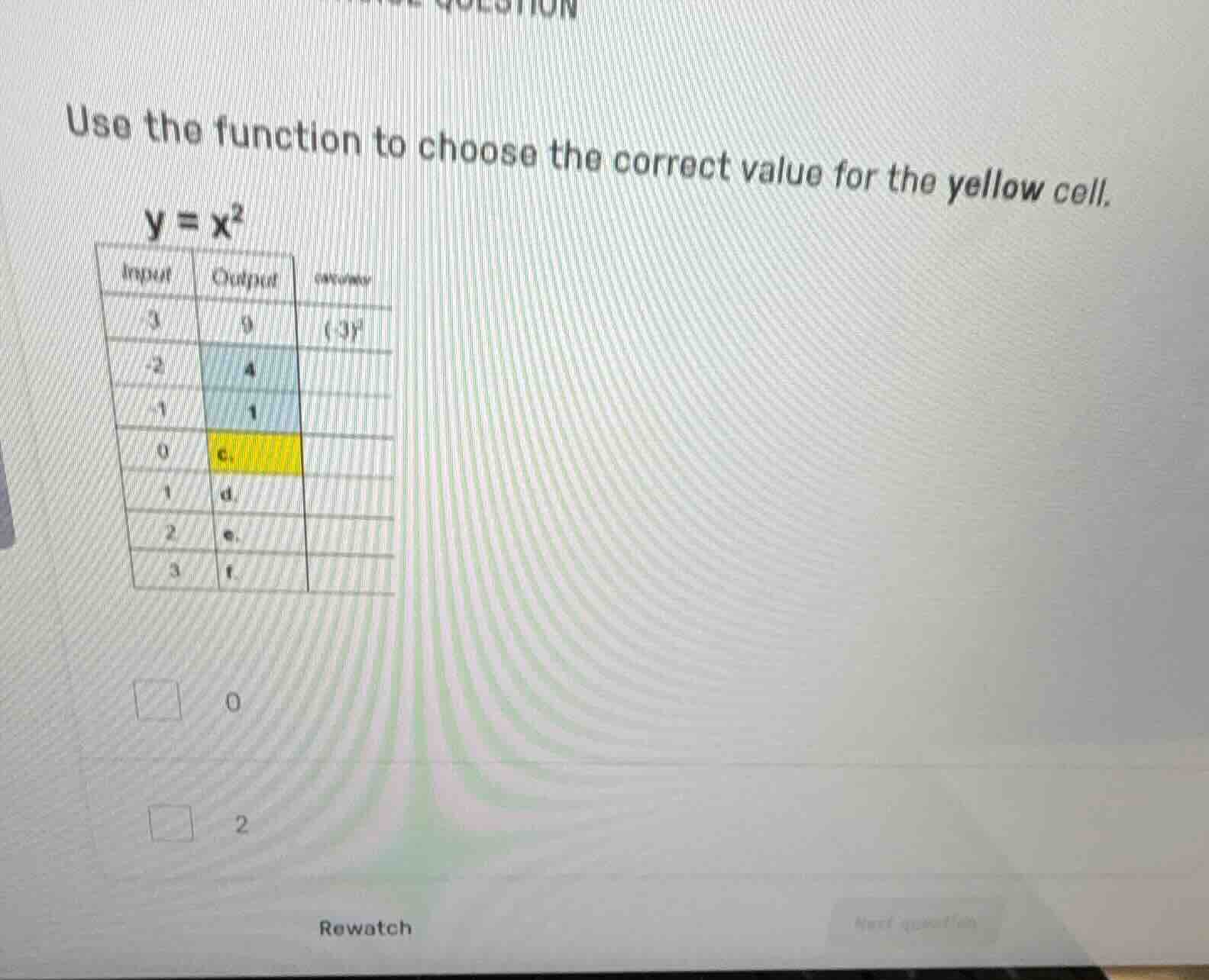 use the function to choose the correct value for the yellow cell. $y = …