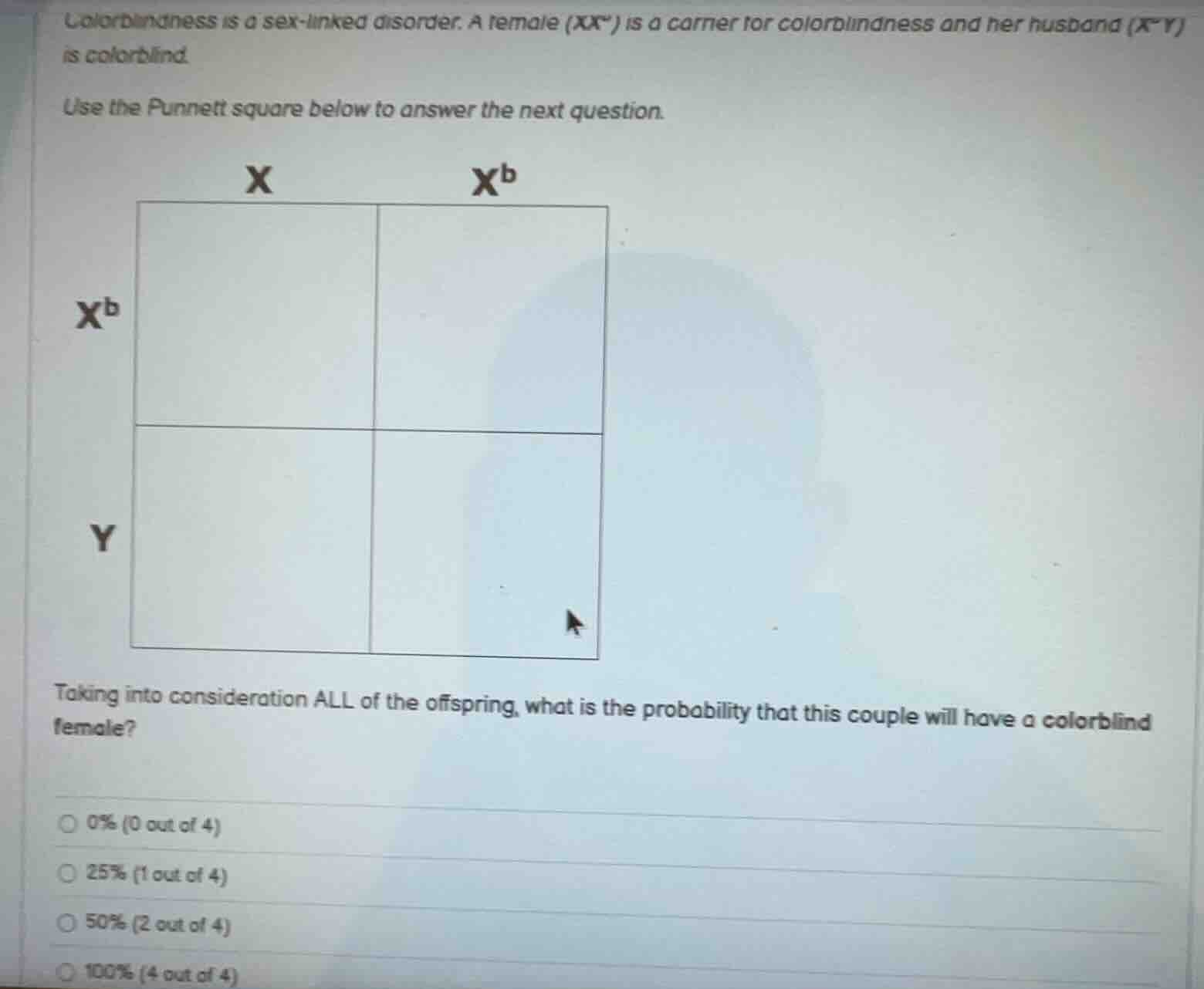 colorblindness is a sex - linked disorder. a female (xxᵇ) is a carrier …